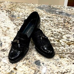 Stuart Weitzman Black Patent Tassel Loafers with Brogue Detail